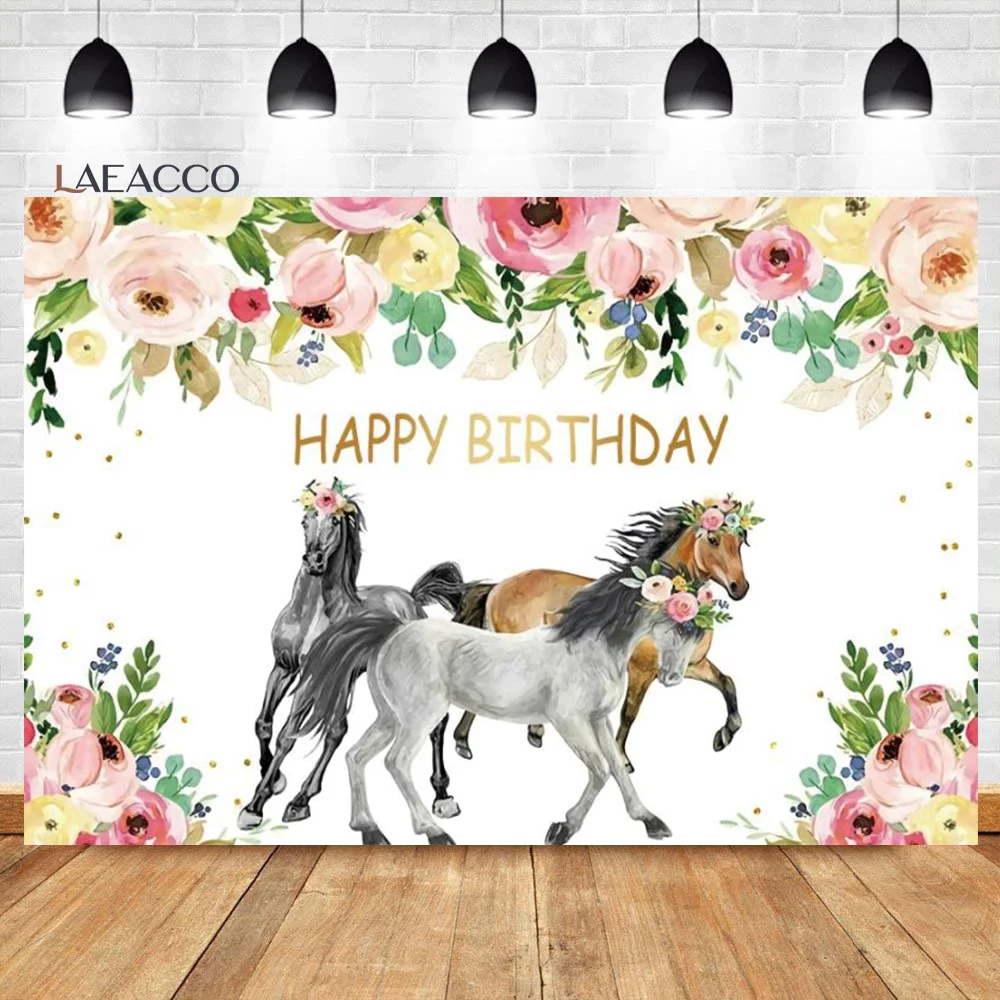 Laeacco Ngựa Sinh Nhật Phông Nền Tây Nông Trại Màu Nước Hoa Màu Da Bò Cho Bé Chân Dung Tùy Chỉnh Nền Chụp Ảnh