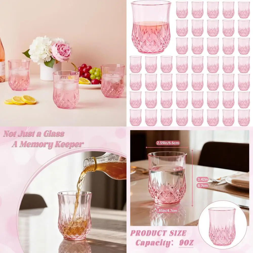 

9oz Pink Vintage-Style Plastic Reusable Tumblers for Whisky, Beer, Juice, and Cocktails (Set of 48)