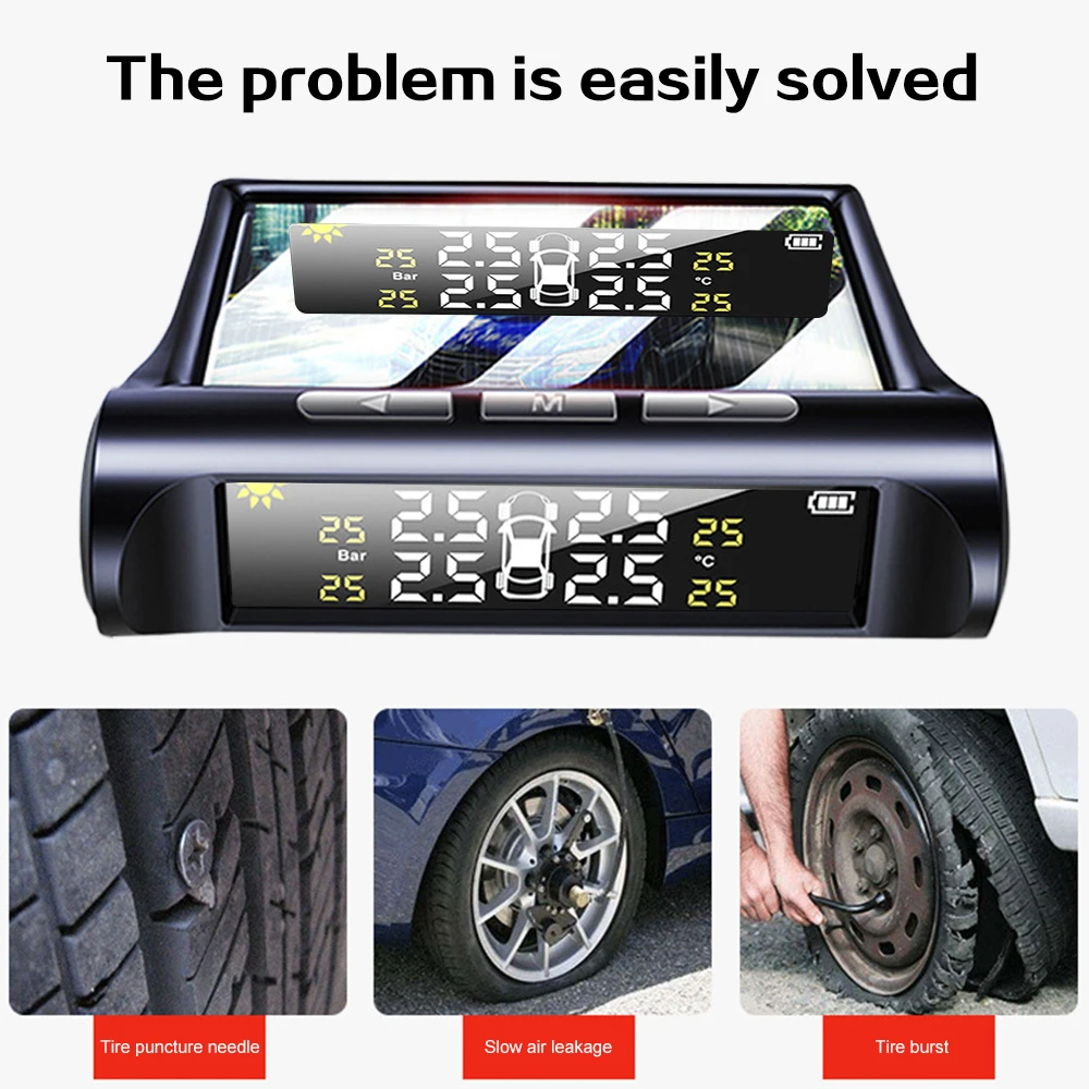 Smart Tpms Car Tire Pressure Security Alarm Monitor System 4 Sensors Display Solar Intelligent Tyre Pressure Temperature Warning