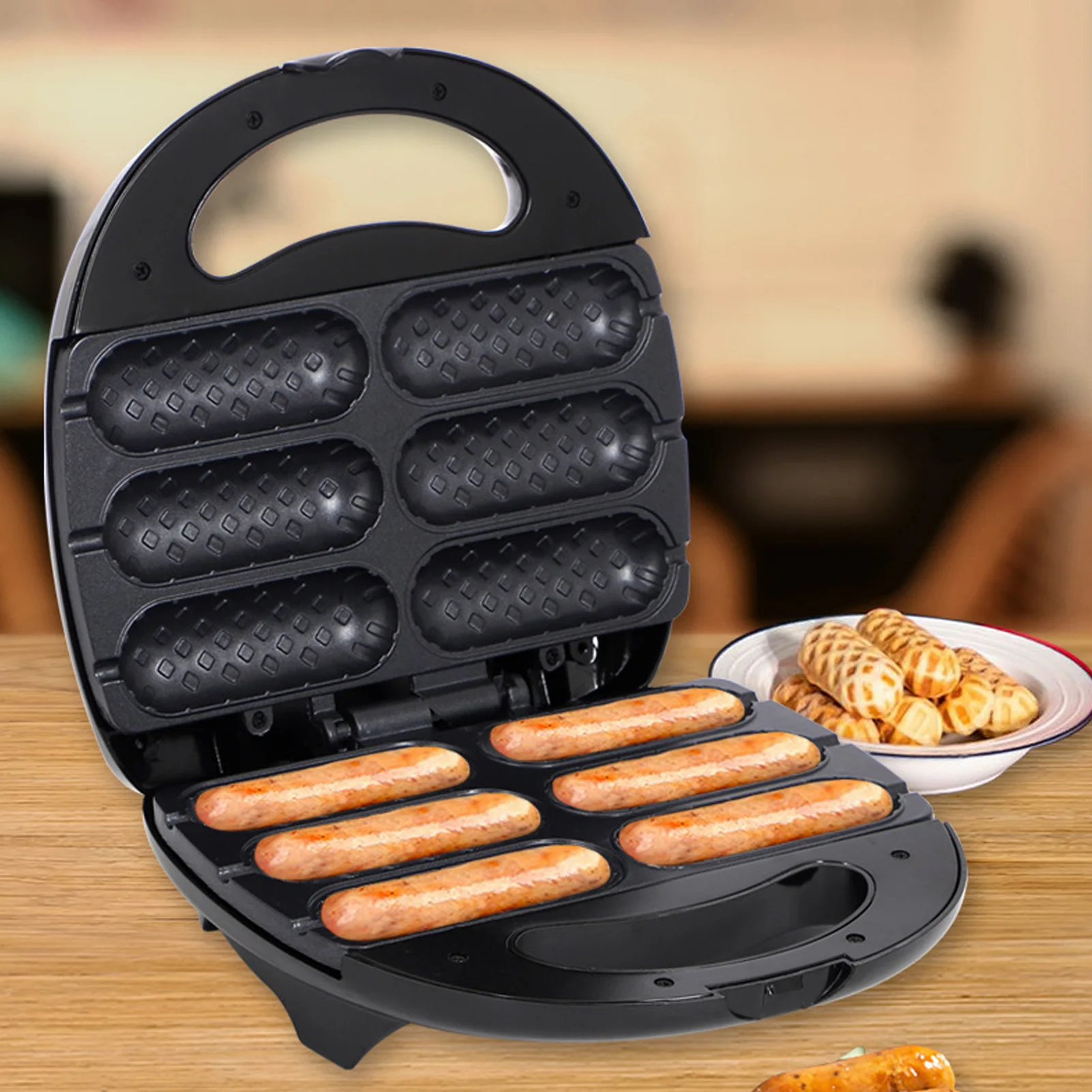 Automatic Temperature Control Hot Dog Waffle Machine 850W Quick Heat 6 Non Stick Corn Dogs Maker