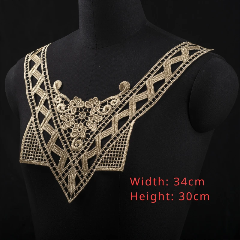 3D Gold Polyester Embroidery DIY Flower Lace Collar, Fabric Sewing Applique, Ribbon Trim, Neckline Guipure Cloth, Wedding Decor