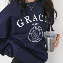 American Vintage Style Grace Navy Female Thick Warm Autumn Pullovers Long Sleeve Loose Cotton Crewneck Casual Women Sweatshirts