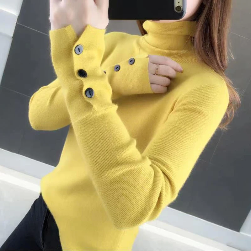 Women Turtleneck Solid Warm Sweater Buttons Long Sleeve Knit Basic Pullover Slim Office Jumper For Women 2023 Autumn Winter