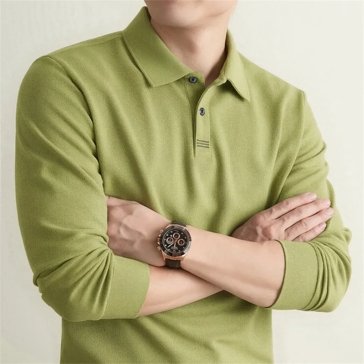 100% Mercerisierte Baumwolle Einfarbiges Business-Casual-Oberteil Herren Old Money Style Langarm-Poloshirt – Detail 12