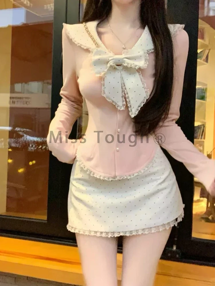 Korean Fashion Slim V Neck 2 Piece Set Women Design Sweet Bow Long Sleeve Solid Irregular Tops + Polka Dot Lace Short Skirt Suit