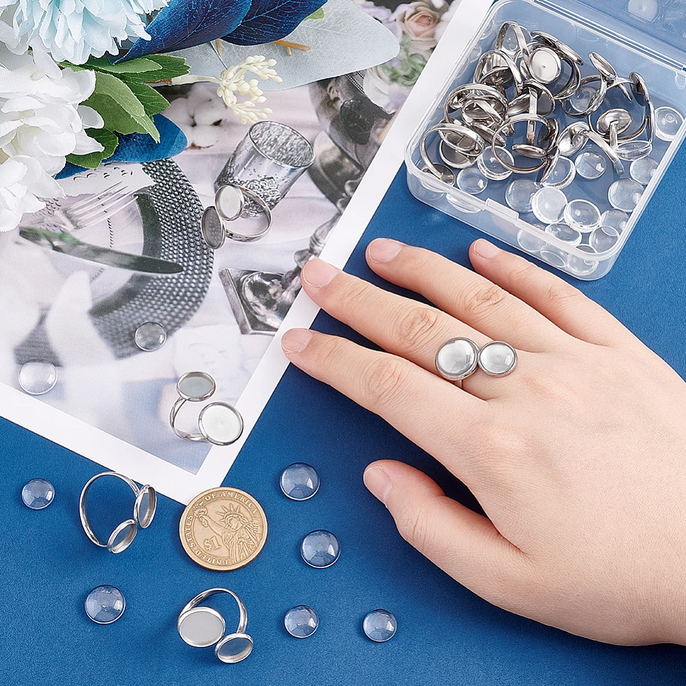 16Sets DIY Cuff Ring Making Kit Size 7 3/4 Open Bezel Tray Stainless Steel Finger Double Design Cabochon Bases with Cabochons