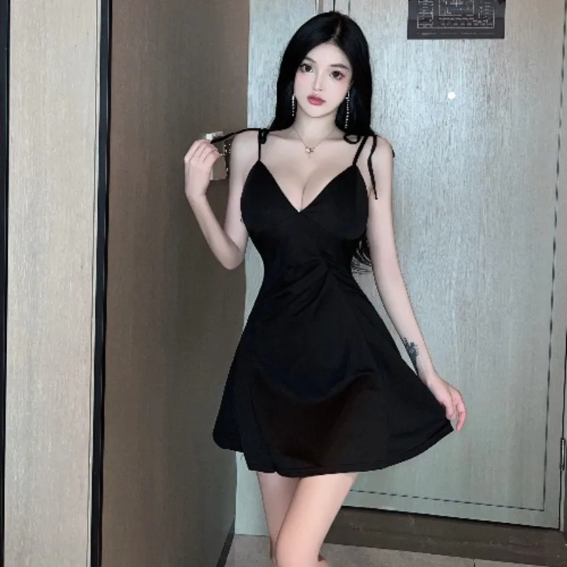 Matakawa Sexy Club Mini Dresses V Neck Solid Spring Summer Backless A-line Vestidos Mujer Fashion High Waist Folds Women Dress