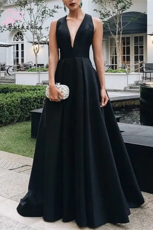 V Neck Sexy Black Evening Dresses for Woman 2023 Criss Cross Back Bowknot Party Prom Wear Sweep Train Vestidos De Gala