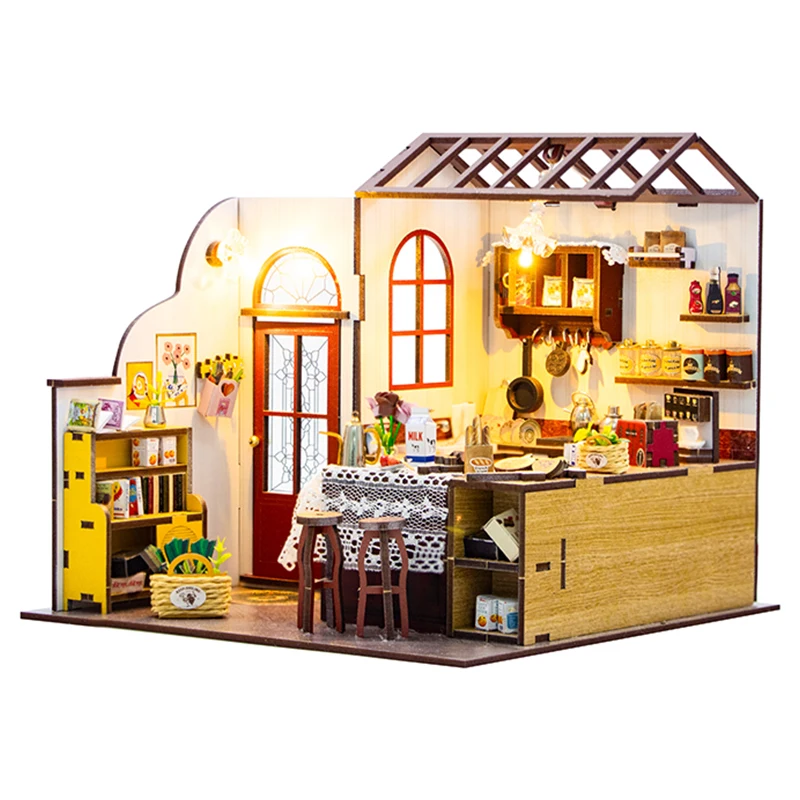DIY Wooden Miniature Kitchen DollHouse Model Building Kits House Toys With Furniture For Gifts Wooden Crafts Dollhouses
