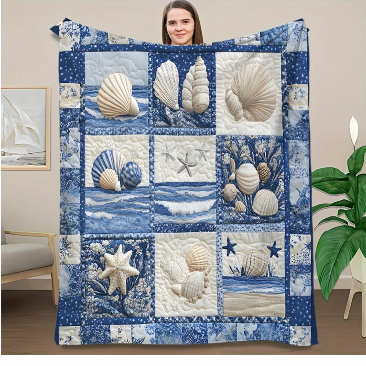 1pc Vintage Nautical Seashell Quilt Blanket - Coastal Beach Theme with Starfish & Shell Designs, Blue & White Flannel All-Season