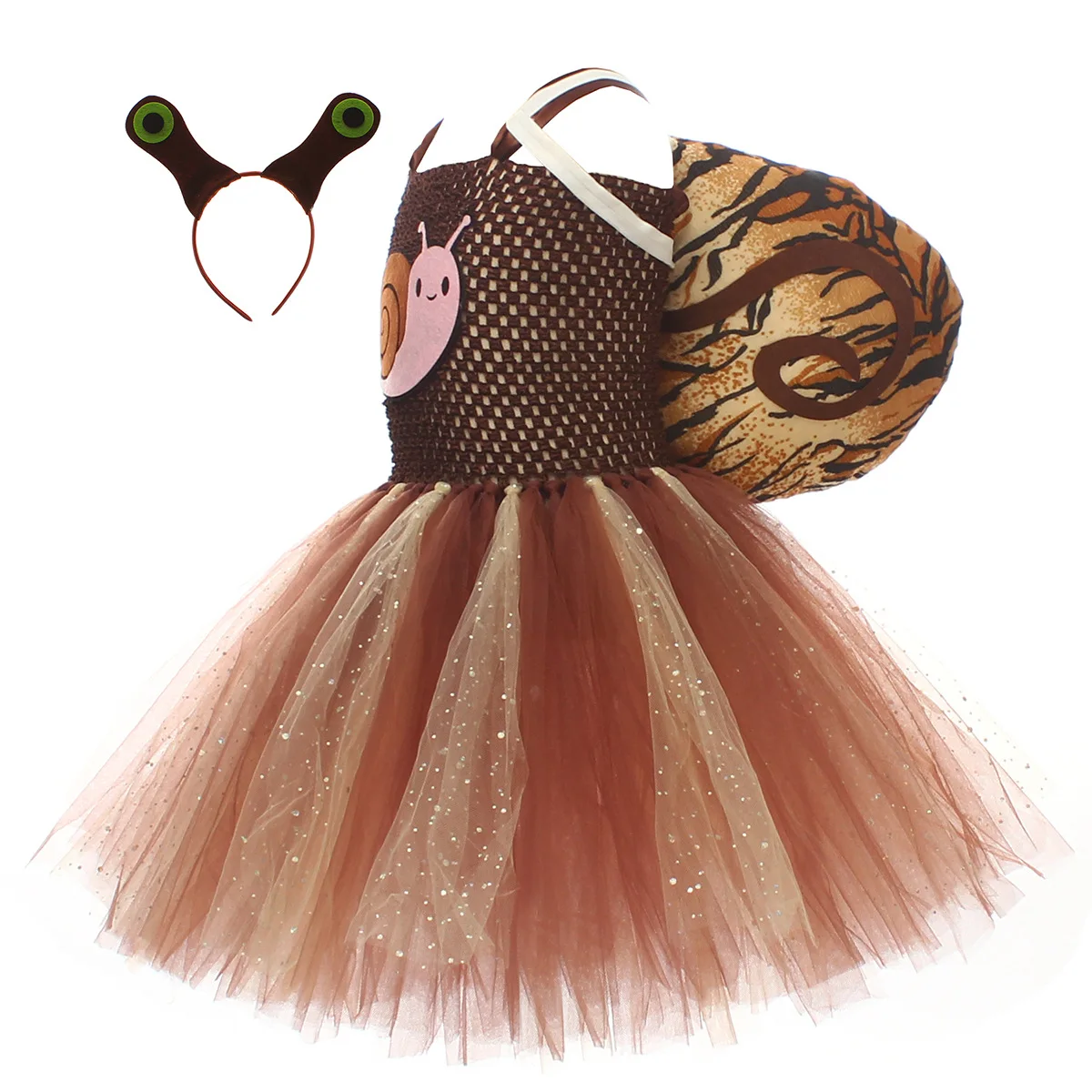 Roze groen cosplay kostuum voor meisjes, schattig bling borduurwerk slak tule patchwork onderjurk met hoofdband Halloween kostuum