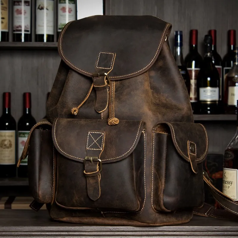 Handmade Cowhide Backpack, Men's Genuine Leather Backpack, Leather Schoolbag for Women, Outdoor Travel Backpack with Computer