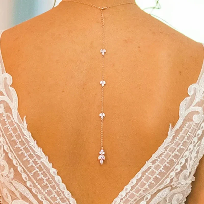 Luxury Flower Zircon Bridal Back Chain Necklace Long Drop Women Summer Full CZ Bride Lady Body Chain Wedding Jewelry Wholesale