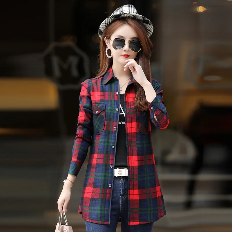 Fashion Women Oversized Warm Fleece Long Plaid Blouses Loose Long Sleeve Turn-down Collar Two Pockets Velvet Shirt M-3XL Tops