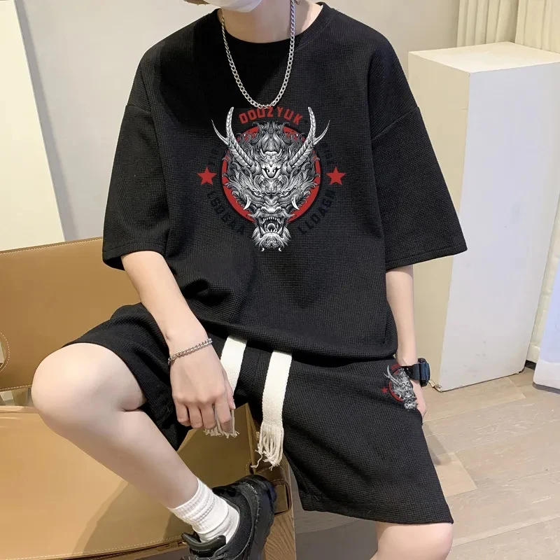 Oversized Summer Short Sleeve T-shirt Men\'s Suit Design Pocket Chic Ins Fashion Loose Casual Couple Costume Shorts 2 Piece Set