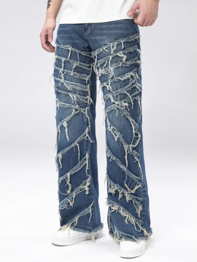 Men's Casual Style Biker Jeans Stylish Splicing Loose Straight Denim Pants American Retro HipHop Street Male Fringe Trousers