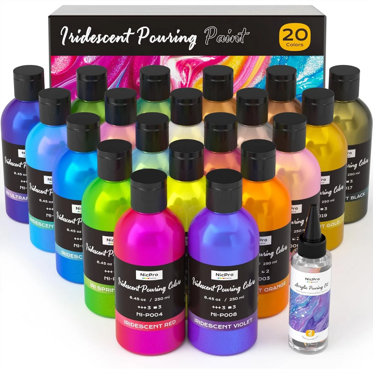

Iridescent Metallic Acrylic Pour Paint Kit, 20 Colors 8.45oz Each, Premixed High Flow Paint with Silicone Pouring Oil, Gloves