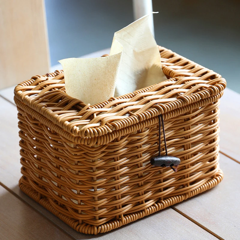 Paper Towel Box Living Room Porch Restaurant Home Simple Imitation Rattan Pure Hand-Woven Paper Box Craft Rattan Napkin Holder