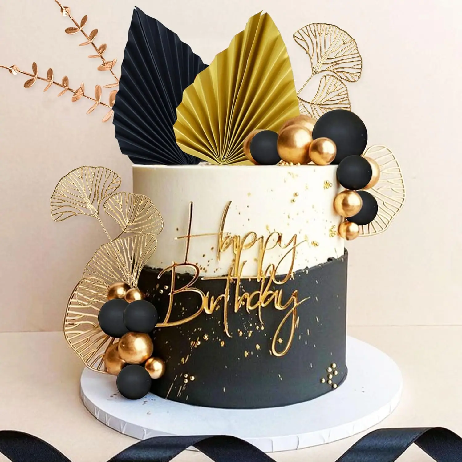 LaVenty Schwarzgoldene Kugeln, Tortenaufsatz, goldene Blätter, Kuchendekoration, Abschlussball, Kuchendekoration, brüllende 20er-Jahre-Kuchendekoration – Detail 2