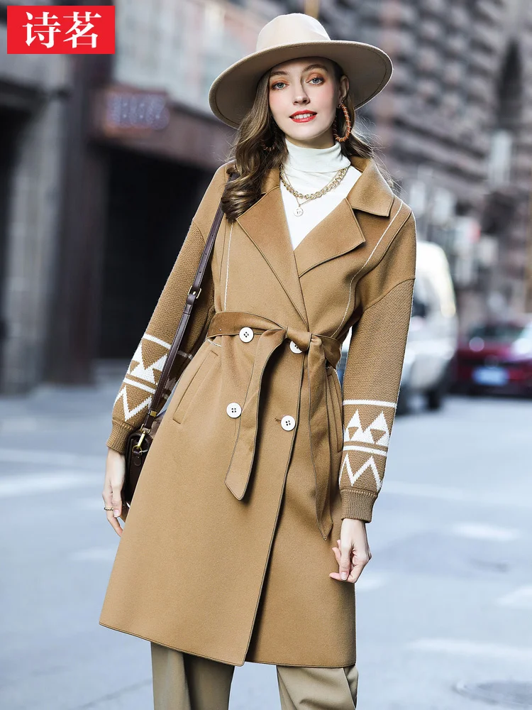 

2023 High End French Double Sided Cashmere Coat Women's Mid Length Fashionable Merino Wool Knitted Sleeve Woolen Coat