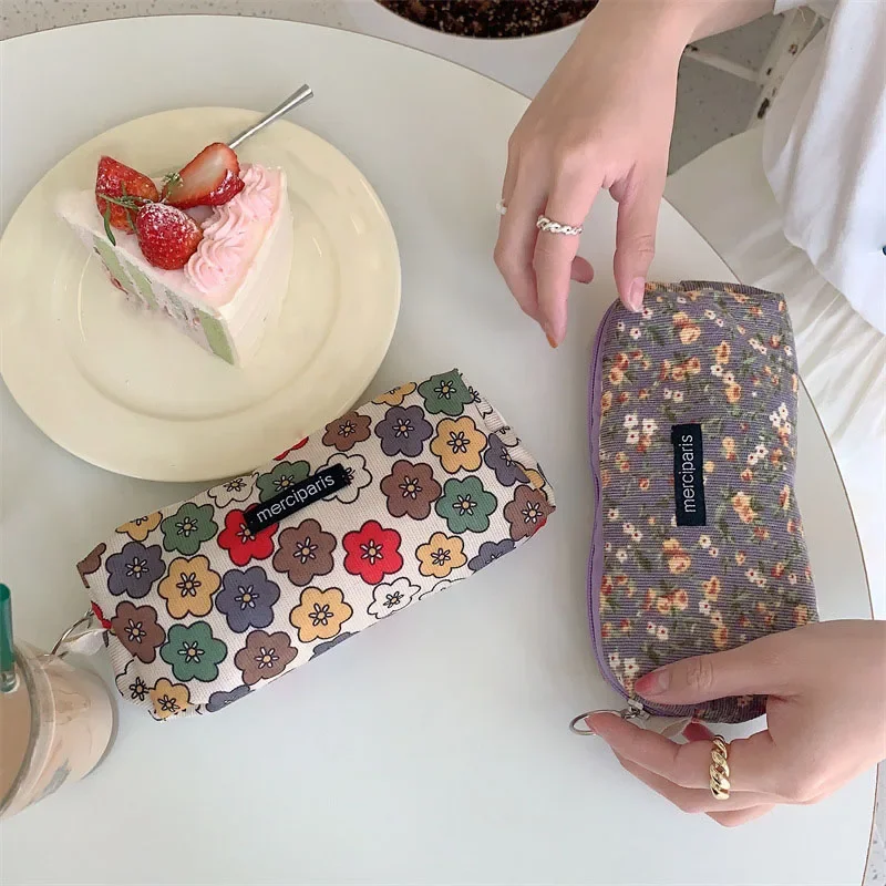 Women Corduroy Cosmetic Bags Fresh Floral Print Beauty Female Makeup Brush Storage Bags Student Girl Pencil Case Bags