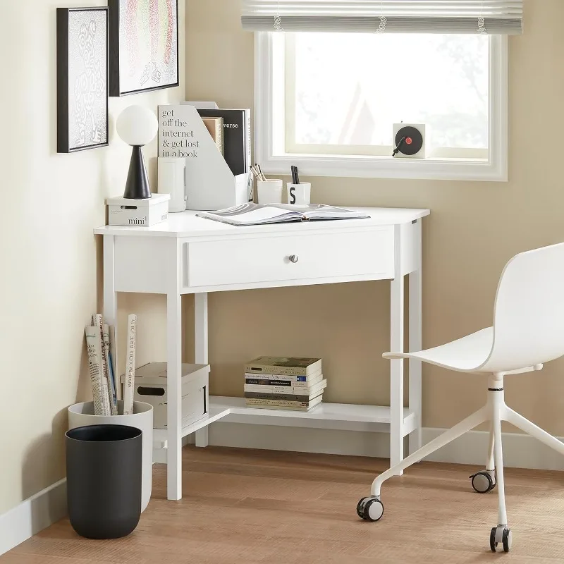 White Home Office Corner Desk, Triangle Computer Desks with Drawer and Shelf