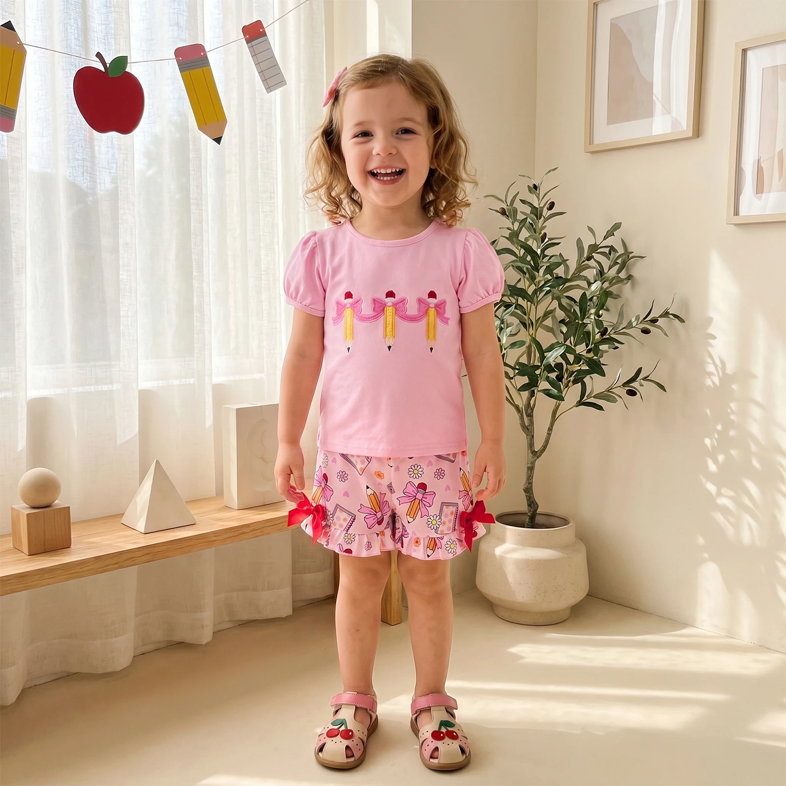 1-5Y Toddler Girl Back to School Outfit Bow Pencil Embroidery Short Sleeve T-Shirts Elastic Waist Shorts 2Pcs Clothes Set