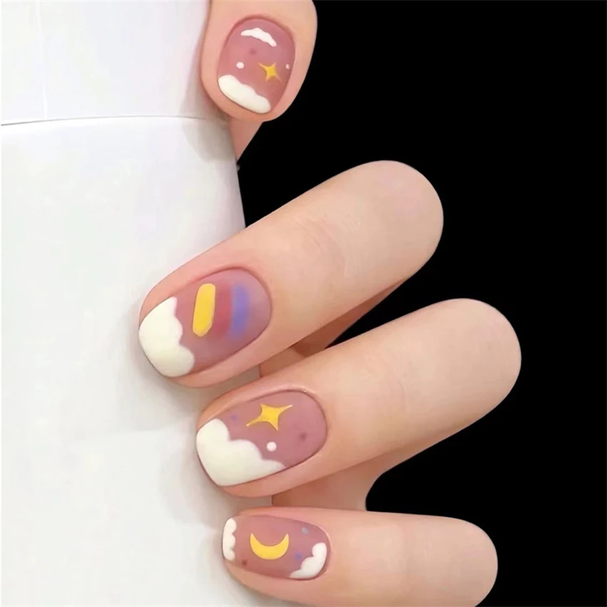 24Pcs/Set Cute Matcha Milkcap Small Flower Fake Nail Sweet Girl Sticky Press on Nail Removable French Wearing False Nails Tips