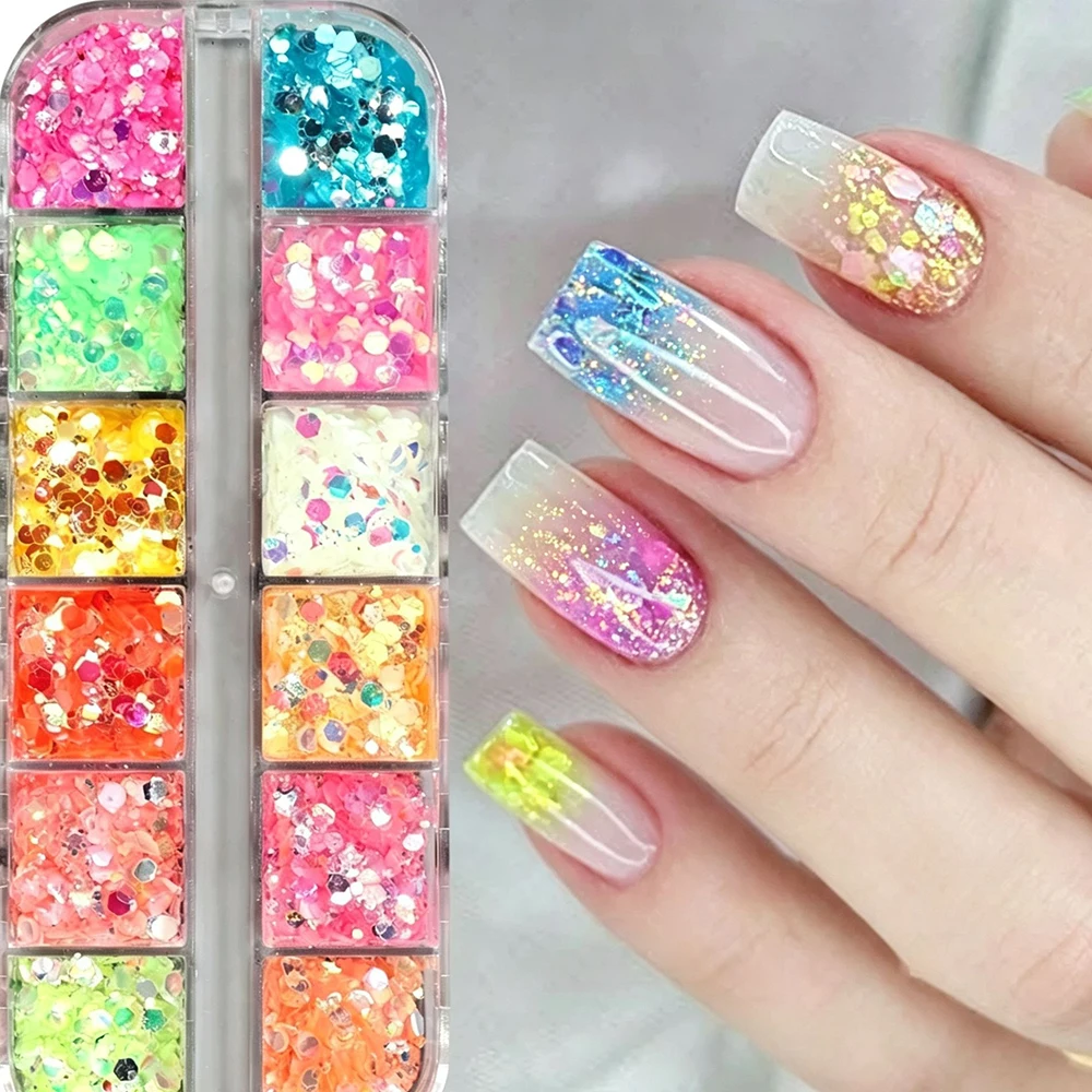 12 Colors Mixed Hexagonal Nail Glitter Sequins Set Colorful Iridescent Chunky Glitter Nail Flakes DIY Nail Decors for Manicure *
