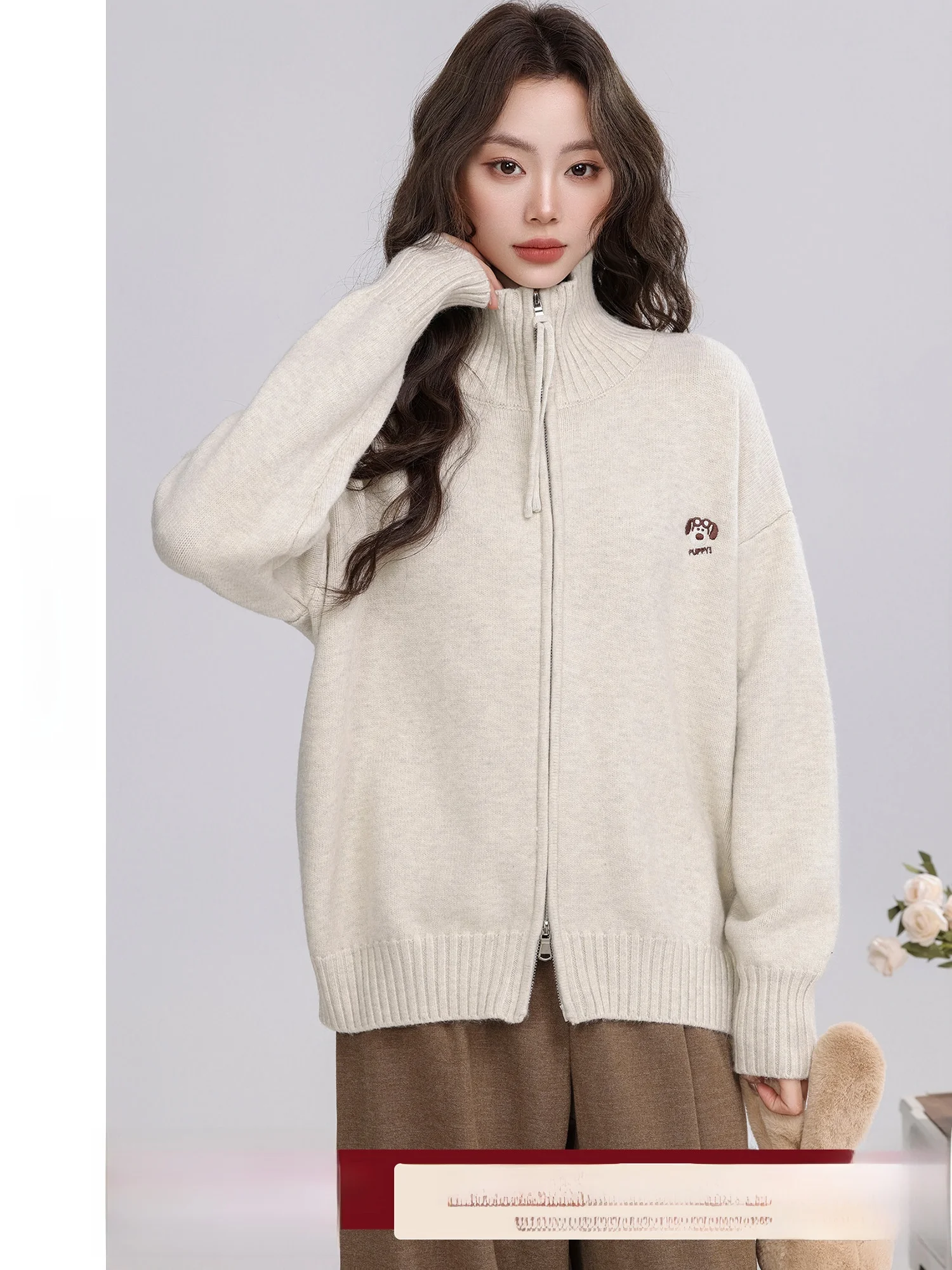 

Warm Tea Slow Chat Zipper Loose Casual Women's Sweater Spring New Sle High-End Feel Stand Collar Open Cardigan Polyester Fiber