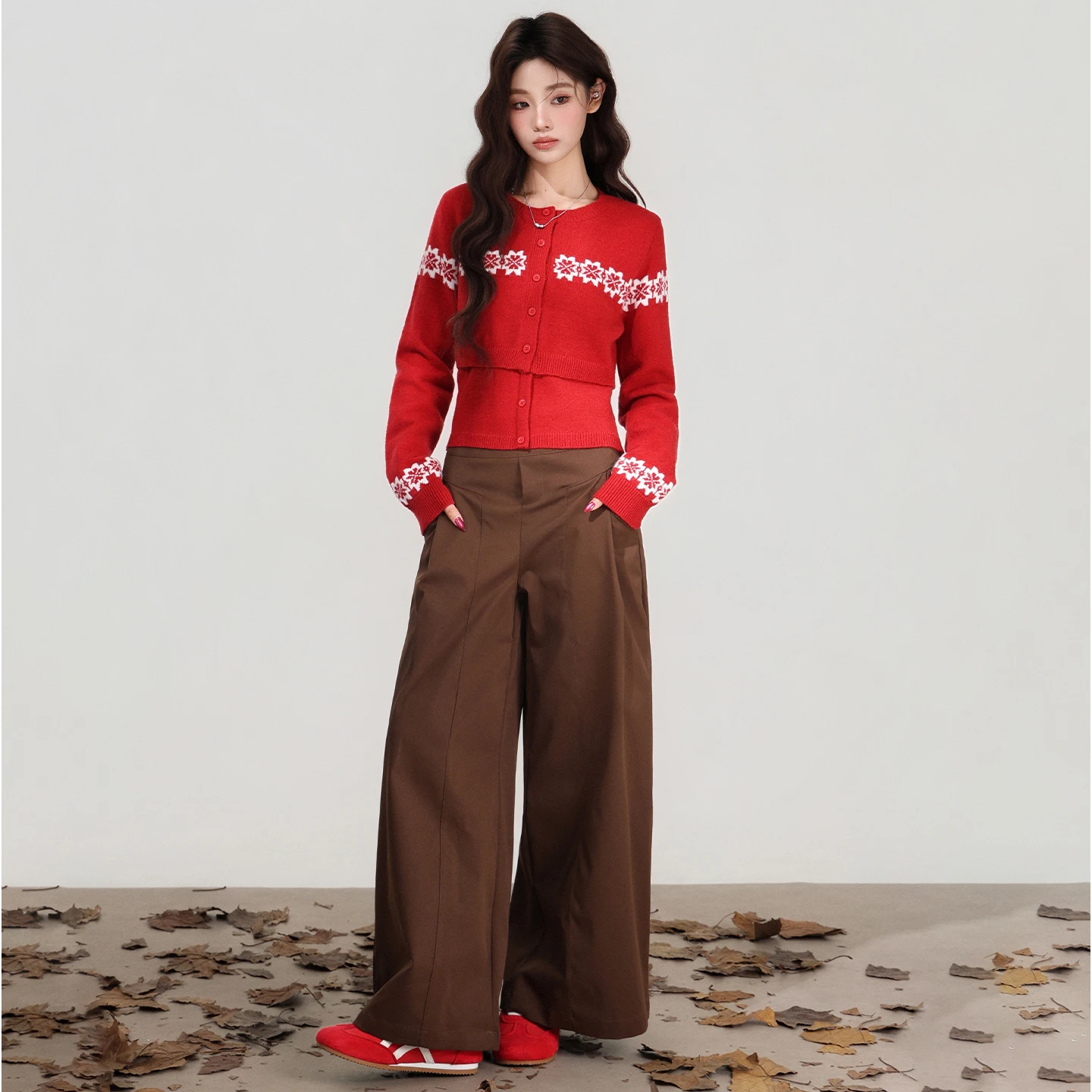 2025 Fer Island Cardigan de malha feminino outono e inverno olhar alça skinny top atmosfera conjunto de duas peças