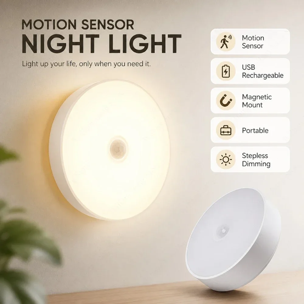 1/3PCS LED Motion Sensor Wall Night Light, Magnetic Wireless USB Rechargeable, Eye-Care Ambient Light for Bedroom, Closet,