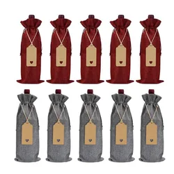 10Pcs Burlap Wine Gift Bags Drawstrings Champagne Red Wine Bottle Covers For Xmas Christmas Wedding Party Decoration With Tags