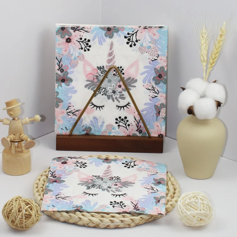 20Pcs 2Ply 33cm Cute Unicorn Napkins Floral Frame Closed Eyes Disposable Paper Napkins for Girls Party Decor