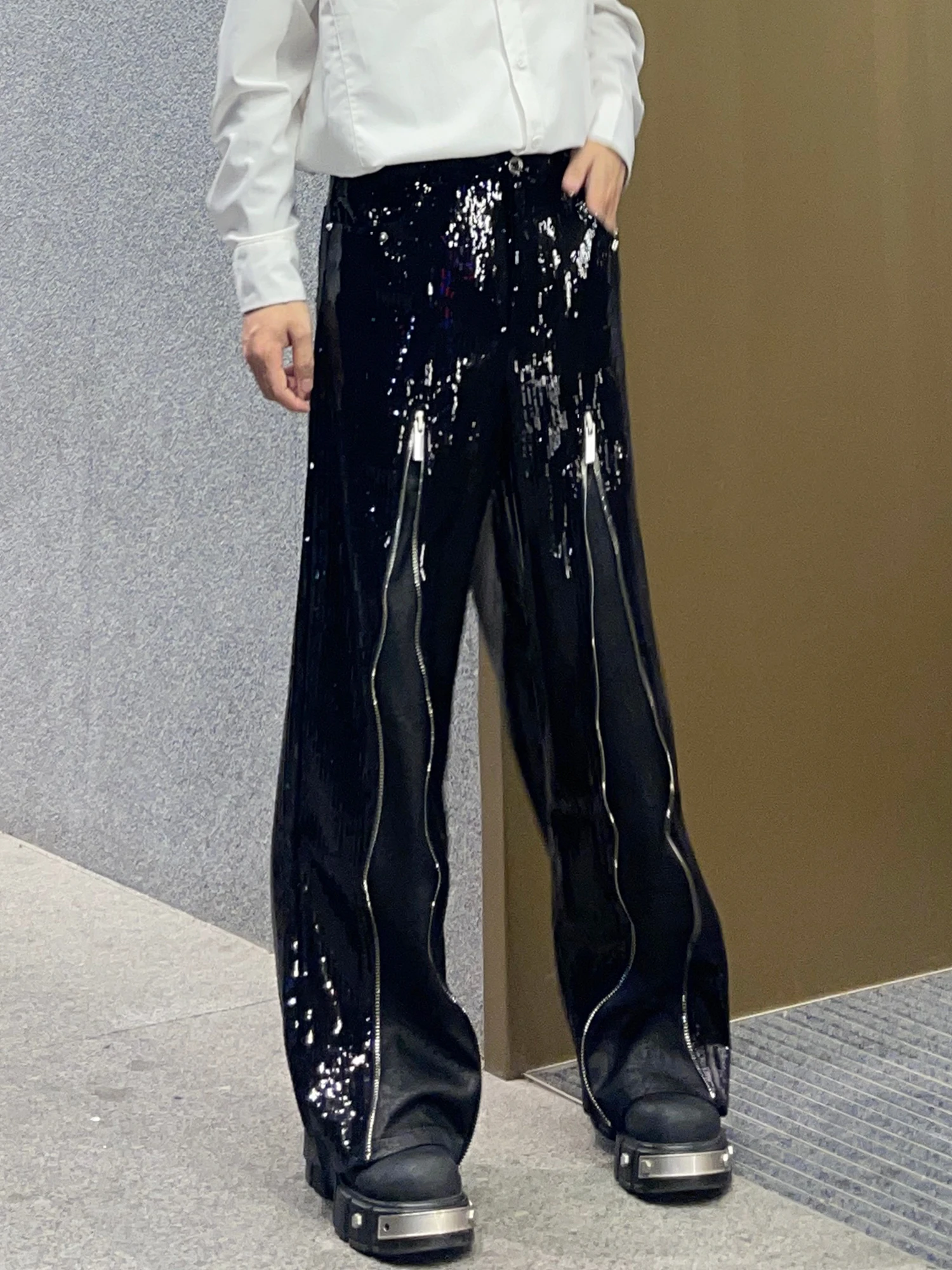Fashion Men's Suit Pants 2025 Summer New Sequin Zipper Design Trend Loose Versatile Long Pants Male Blingbling Stylish Trousers