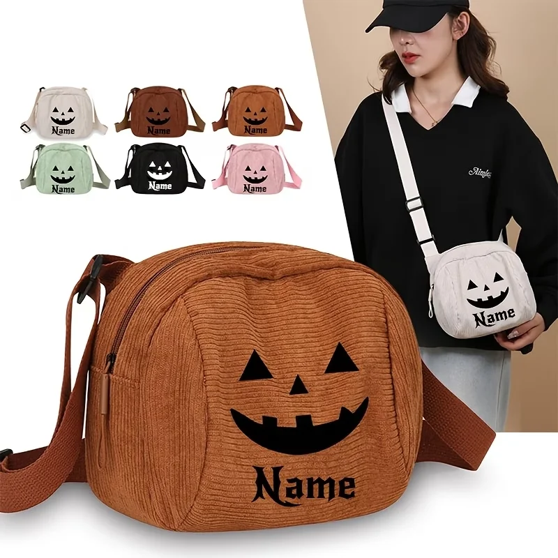 Personalized Halloween Pumpkin Crossbody Bag Custom Name Corduroy Pumpkin Face Shoulder Bag Corduroy Crossbody Bag Custom Gifts