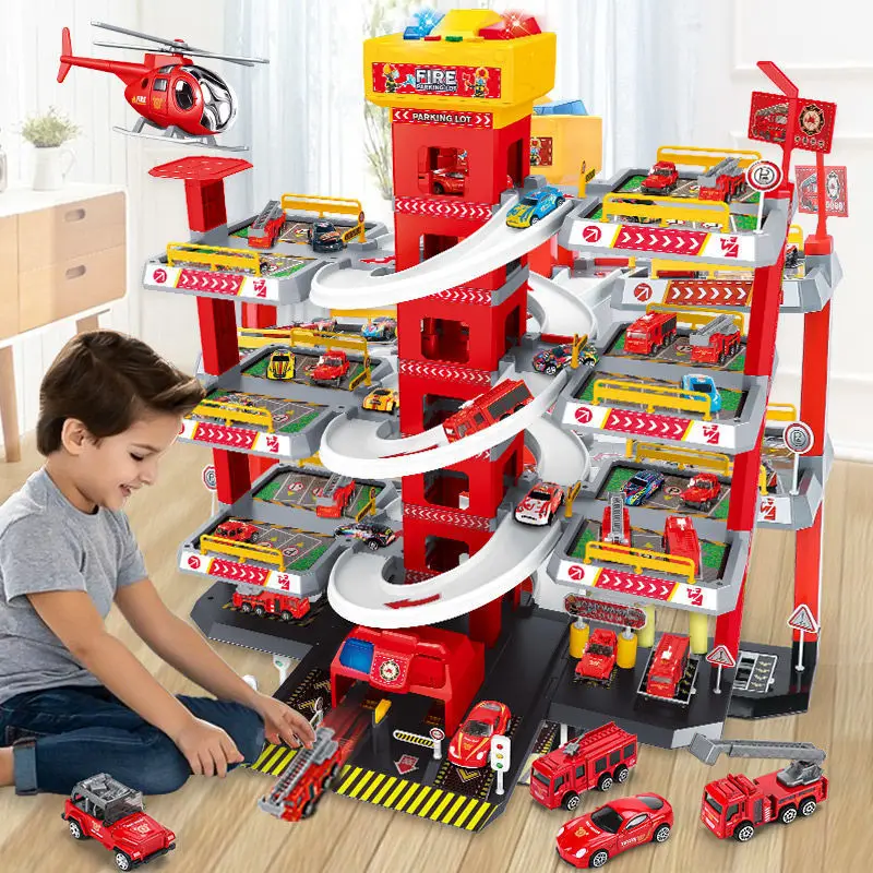 2023 New Children\'s Electric Track Parking Lot Boydiyassembling Multi-layer Rail Car Police Car Fire Truck Parking Toy