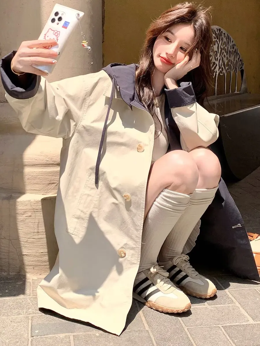 الرجعية بريتي Sle مقنعين Jaet المرأة ربيع الخريف عادية فضفاض على الوجهين ارتداء سترة واقية معطف ملابس خارجية مريحة