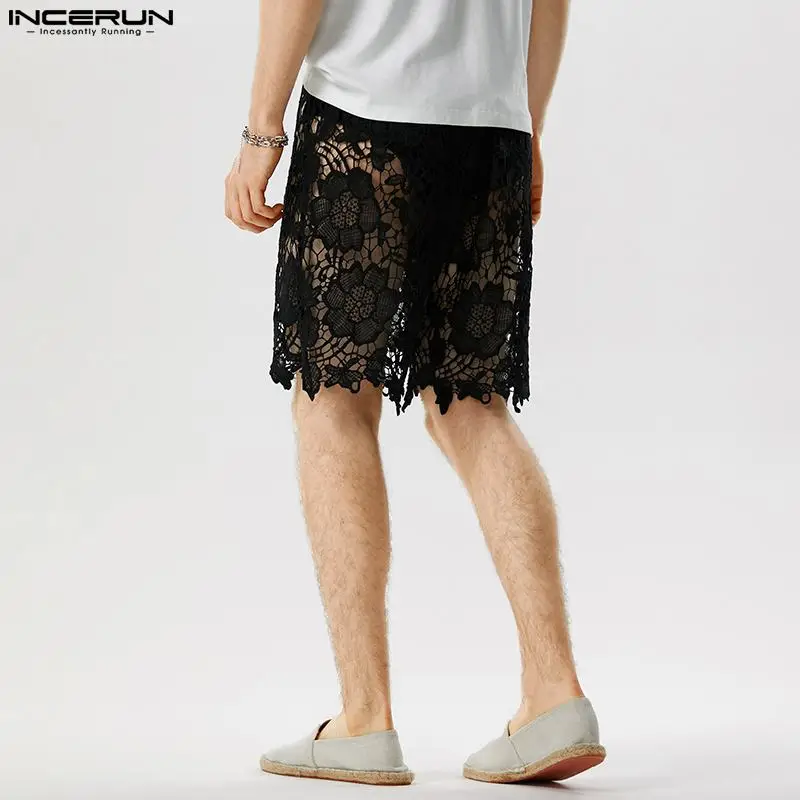 INCERUN Men Shorts Lace Transparent Sexy Solid Color Zipper Men Bottoms Summer Streetwear 2023 Unisex Fashion Party Shorts S-5XL