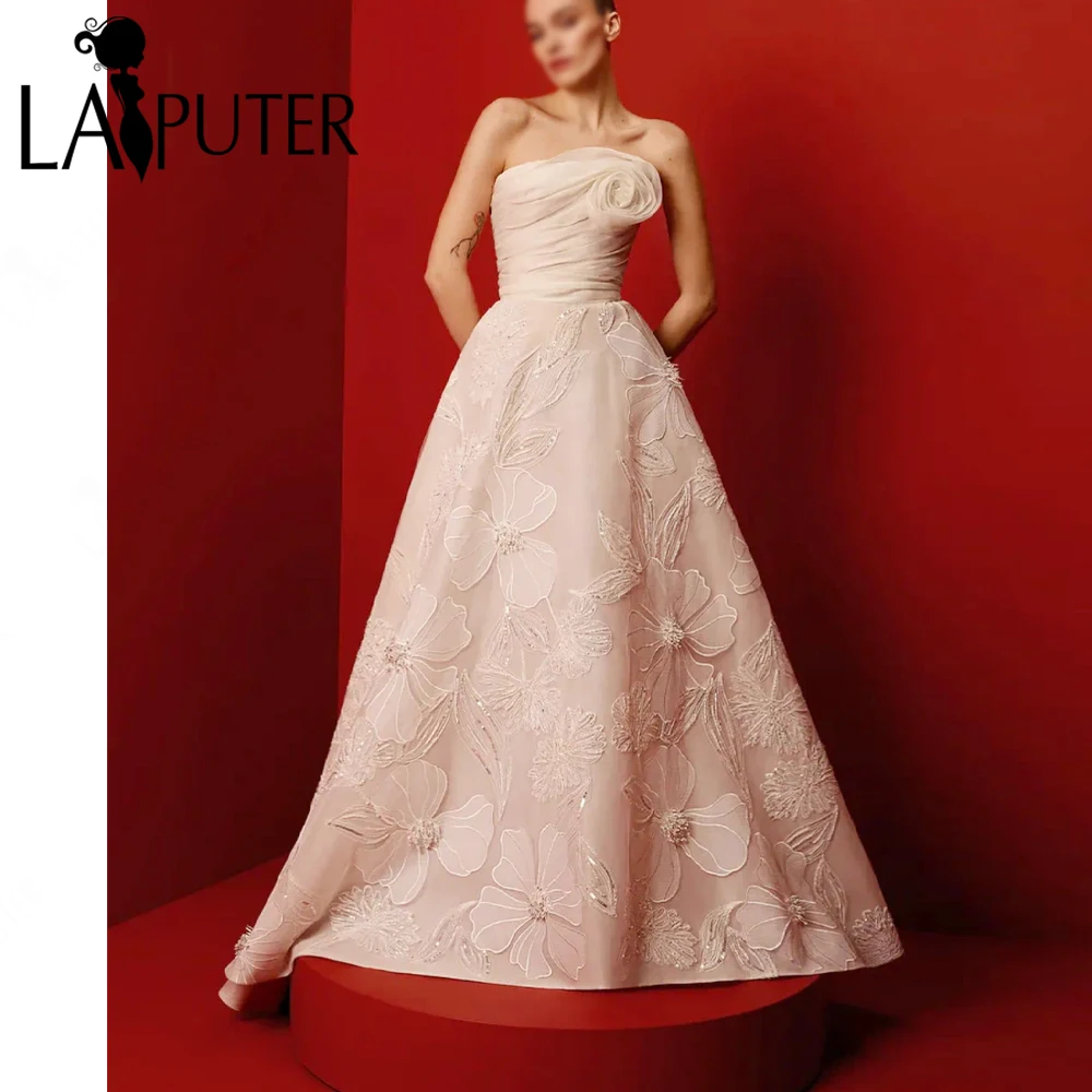 

Organza Lace A line Wedding Dresses Strapless Ruched Rose Bodice Bride Gown Girls Floral Lace Prom Dress Embroidery Appliqued