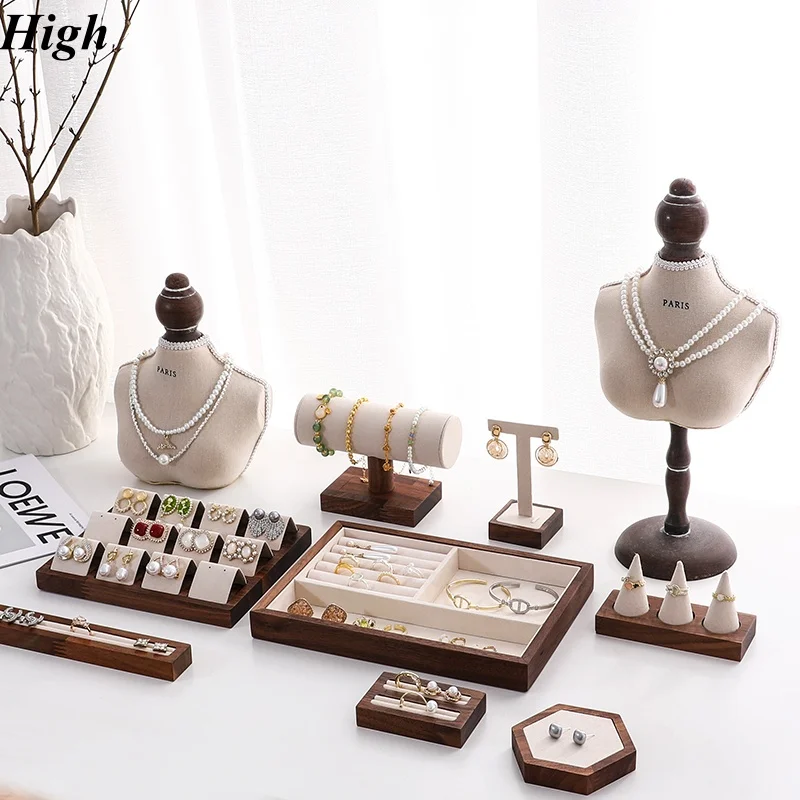 

Fashion Wood Jewelry Display Tray With Removable Board, Pendant Necklace Bracelet Chain Ring Earrings Organizer Showcase Props
