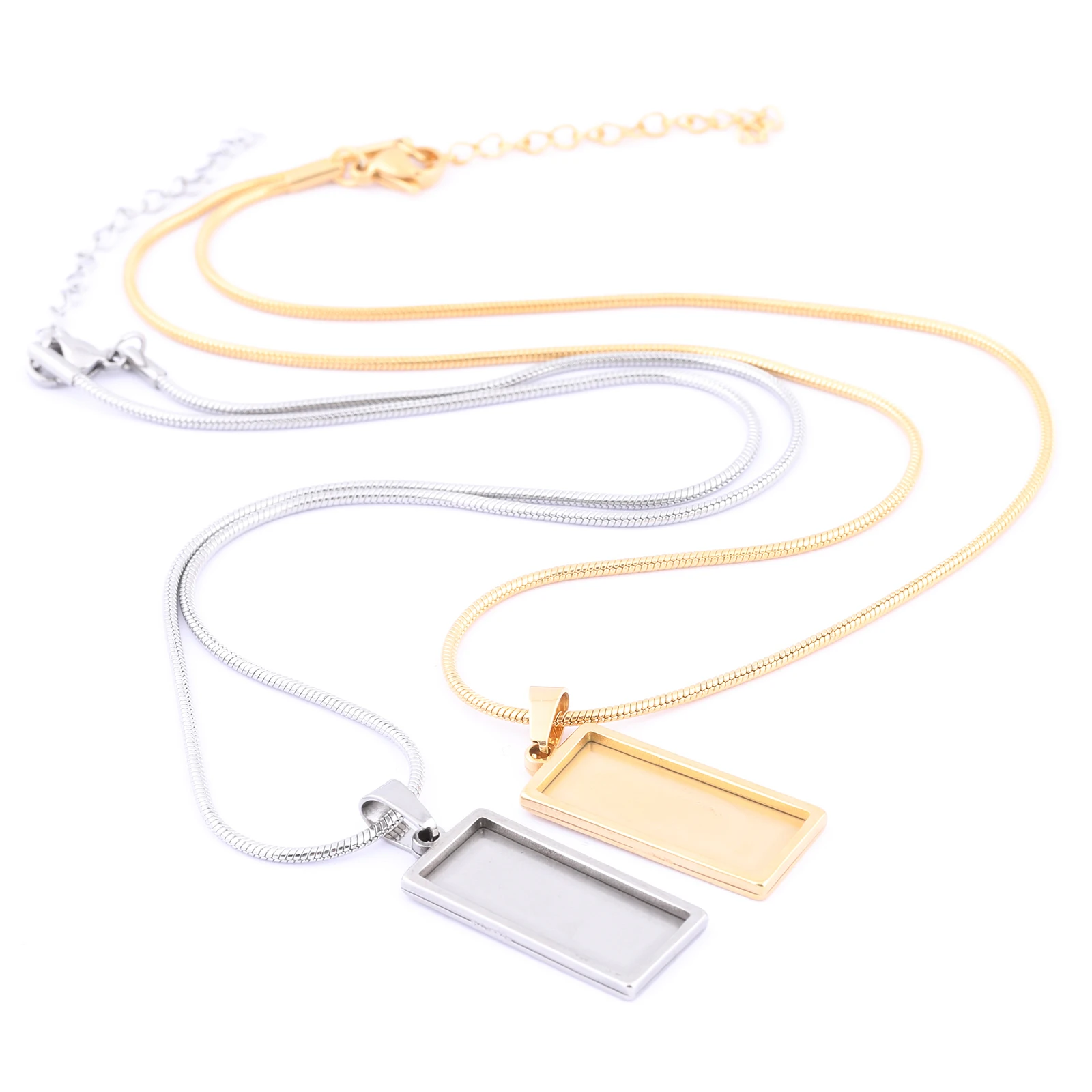 

2pcs stainless steel chain necklace cabochon base settings 10x25mm rectangle gold plated bezel pendant trays for jewelry making