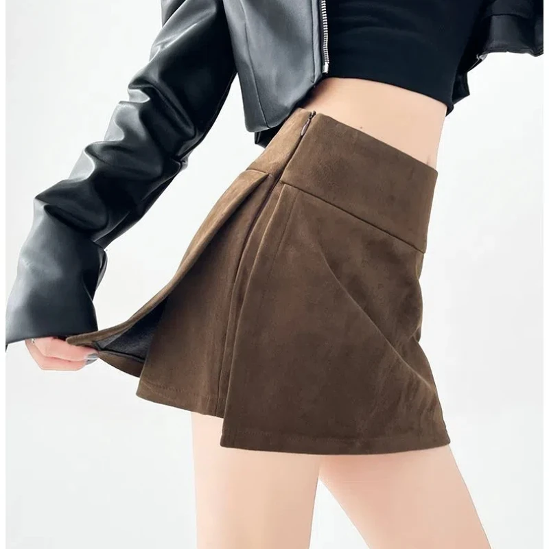 Maillard Hot Girl Autumn Winter New Suede Fabric Pantskirt Women Solid Zipper High Wait Fashion Slim Short Bag Hip A-line Skirt