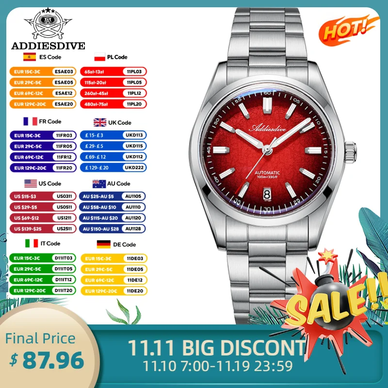 ADDIESDIVE Automatic Watches For Men New AD2091 Luxury Domed BGW9 Luminous Dress Watch 100M Waterproof NH35 Mechanical Watch