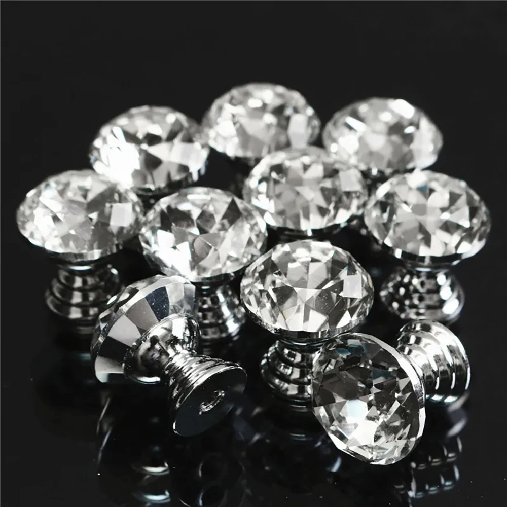 10Pcs/Set 20mm Crystal Glass Knobs Cupboard Drawer Pull Handle Diamond Shape Kitchen Cabinet Door Wardrobe Handles Hardware