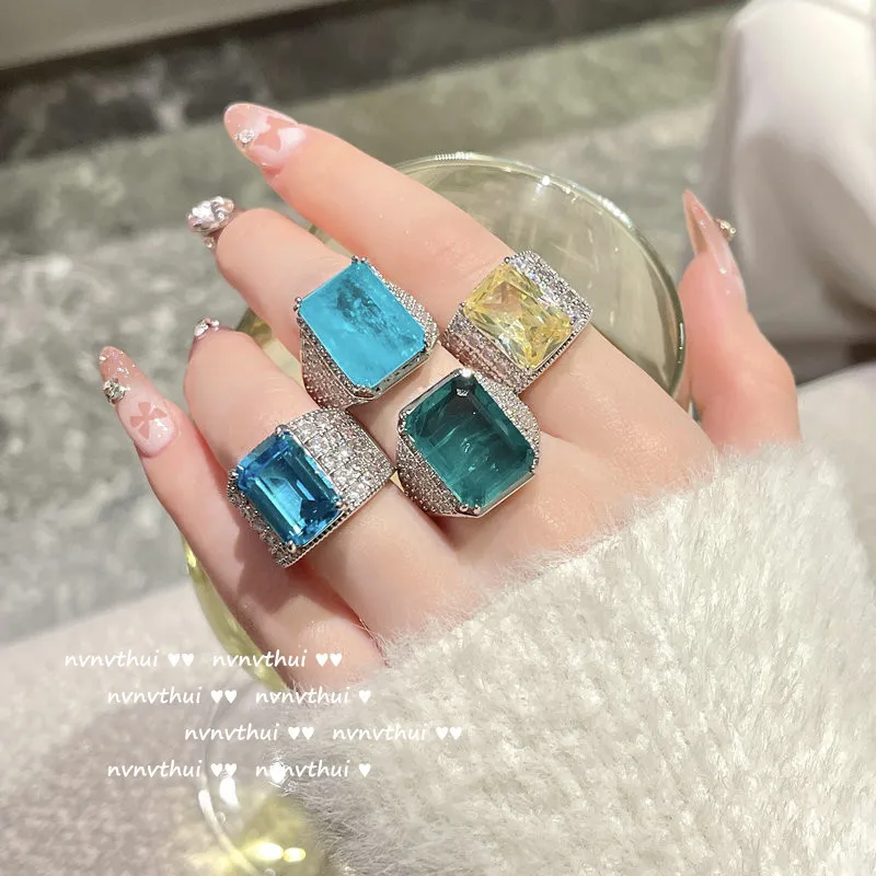 Luxury Square Cut Paraiba Tourmaline Zirconia Wedding Ring Silver Color Women\'s Engagement Bridal Rings Trend Jewelry