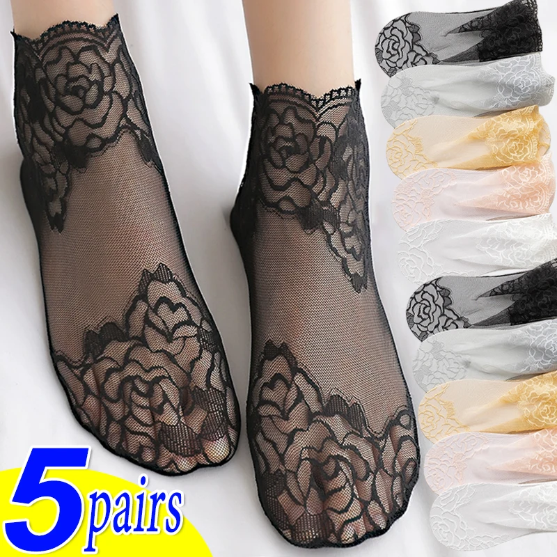 

1/3/5pairs Lolita Women Invisible Lace Socks Thin Ladies Lace Boat Socks Hollow Non-slip Shallow Transparent Socks Women Girl's