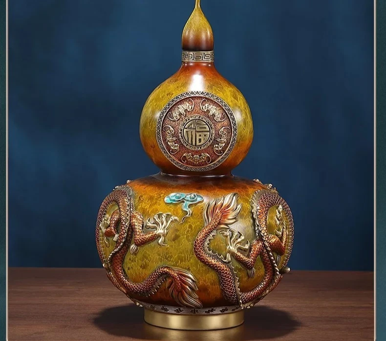 All-copper double dragon play bead gourd ornament Chinese classical living room wine cabinet decoration housewarming gift