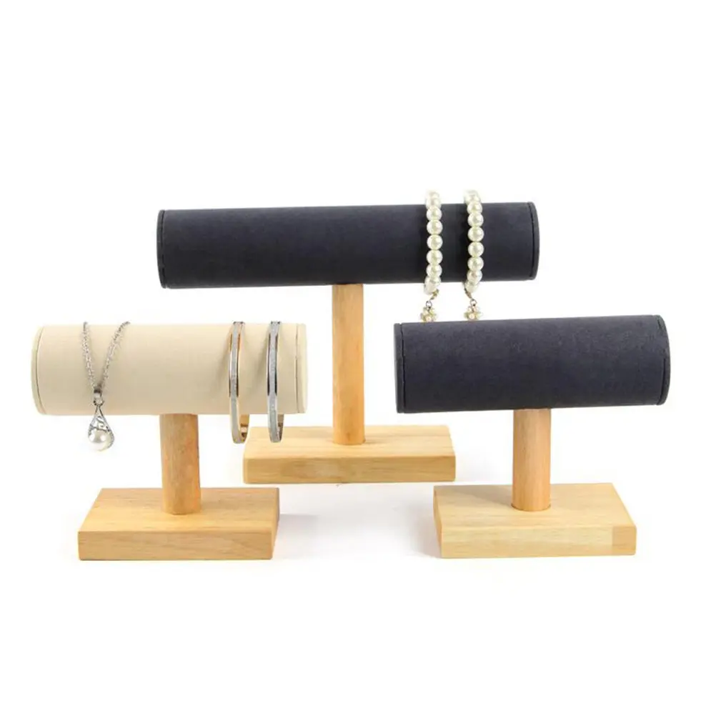 

Маленькая бежевая подставка для браслетов из массива дерева, Т-образный держатель для браслетов, органайзер для хранения ювелирных изделий и часов, поверхность из микрофибры