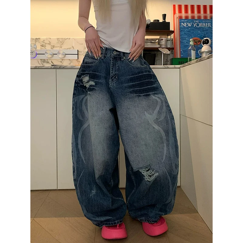 

ZHIZOU Summer High Waist Ripped Women Blue Jeans American Vintage Streetwear Y2K Wide Leg Jean 2000s Trouser Baggy Denim Pants